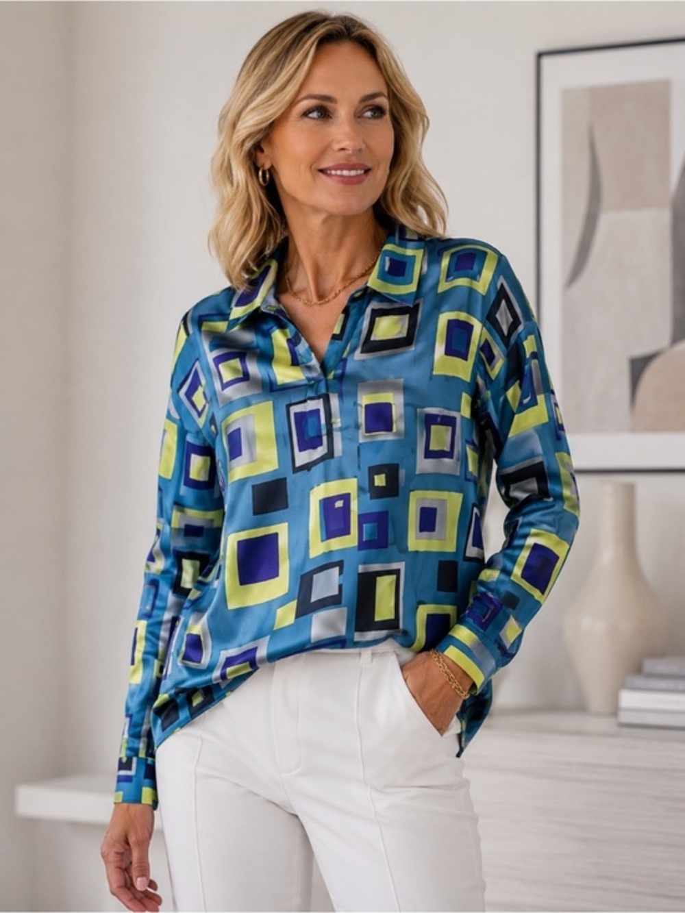 INC International Concepts Blue Geometric Silk Blouse Retro Mod Statement Top 6P